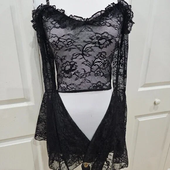 Dolls Kill Widow Gothic With Grace Black Mesh Lace Cropped Sheer Top S - Picture 2 of 12